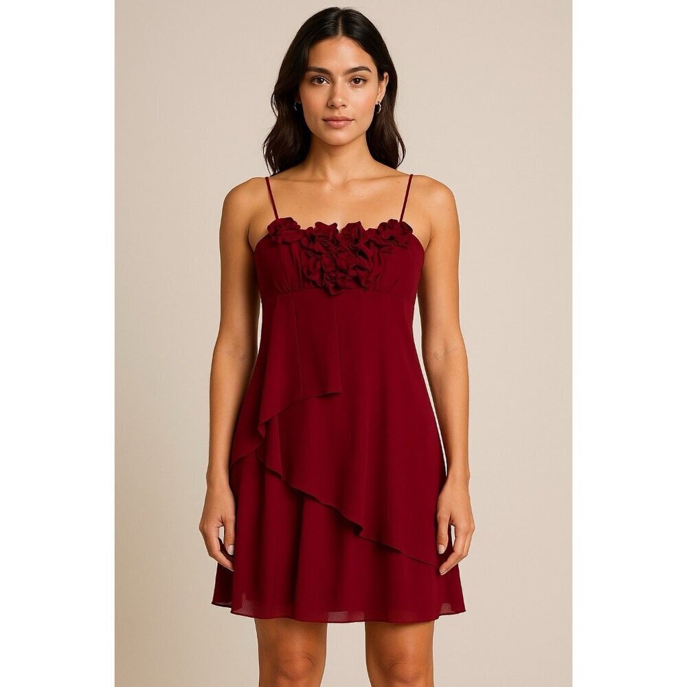 Aidan Mattox 100% Silk Red Burgundy Floral Chiffon Mini Dress Spaghetti Strap 6